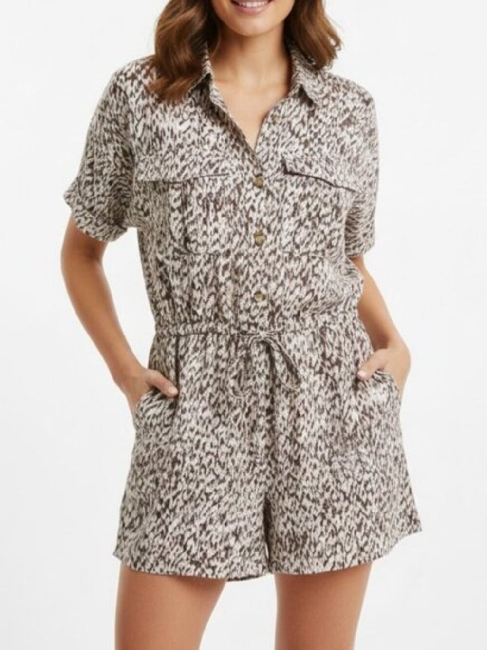 Calvin Klein Short Sleeve Button-Front Romper | Brown Ikat Print | Size 10 Linen